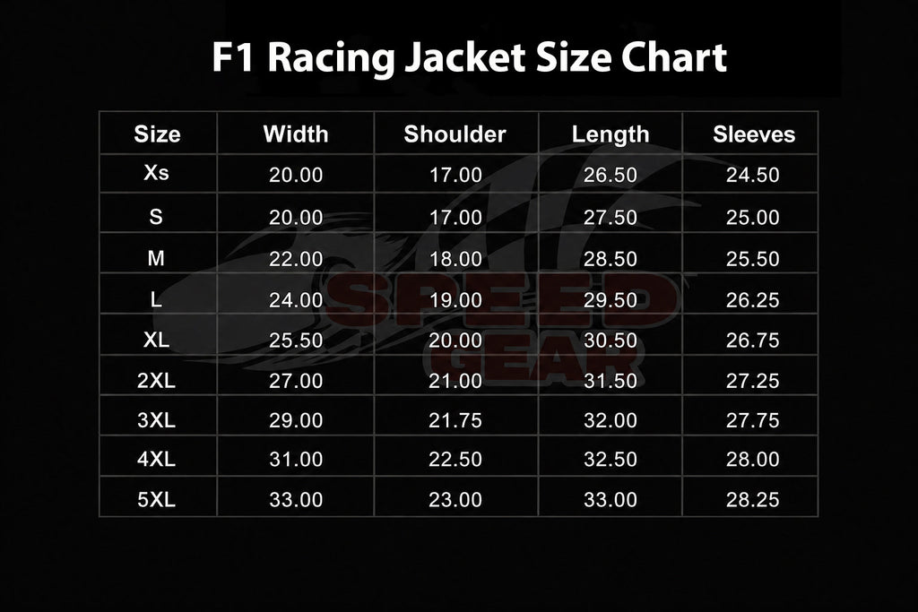 F1 Racing Jacket Size chart - Explicit Pro