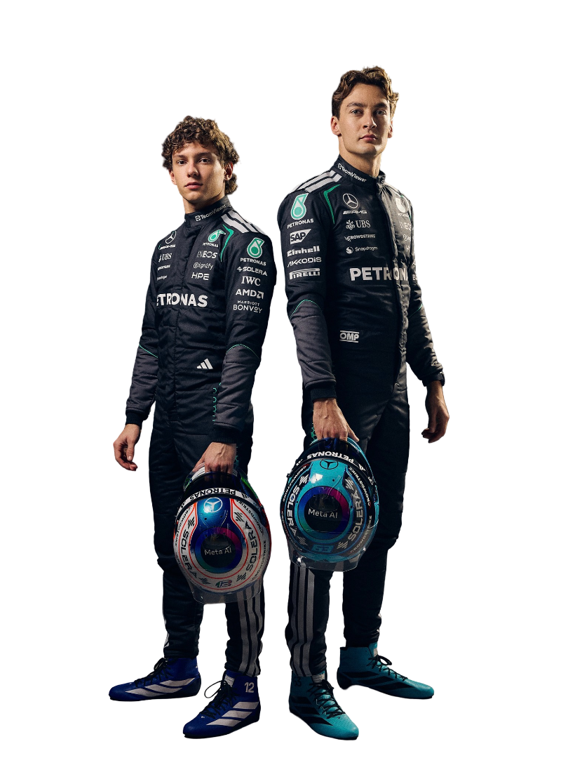 George russell and kimi antonelli wearing a 2026 mercedes f1 racing suit with amg Petronas branding.