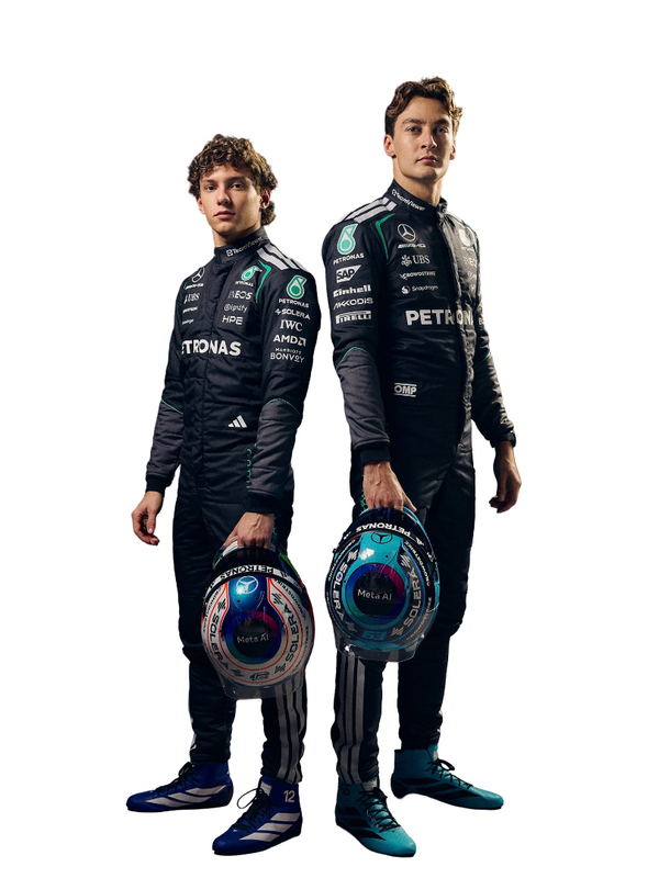 George russell and kimi antonelli wearing a 2026 mercedes f1 racing suit with amg Petronas branding.