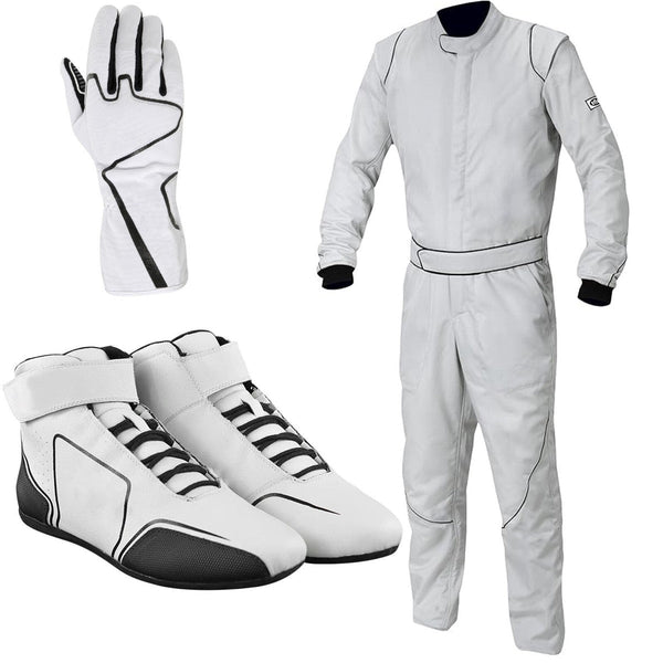 White Kart Racing Suit, Racing Gloves & Racing Shoes - Explicit Pro