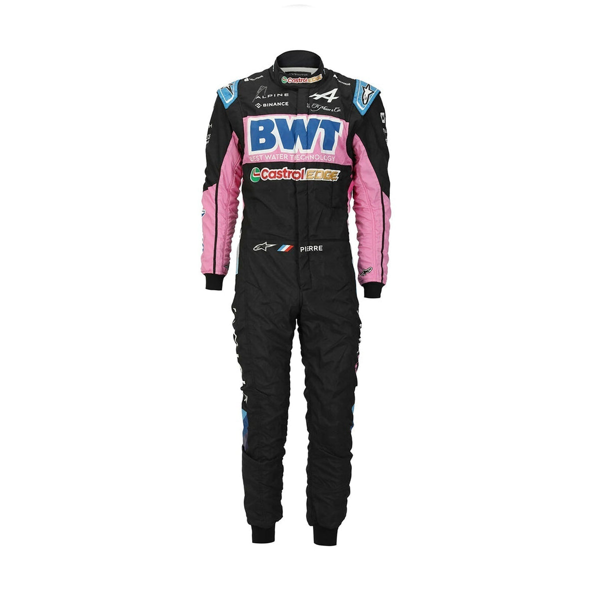 Pierre Gasly’s 2023 F1 racing suit for the Mexico GP, featuring a striking design with a mix of dark blue and vibrant sponsor logos. The suit is built for speed and comfort, showcasing Gasly’s racing excellence. Main image