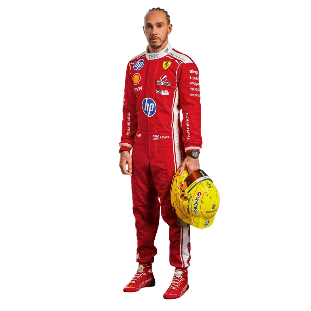 Front view of red 2026 lewis hamilton f1 racing suit with visible logos ferrari and hp branding Main image