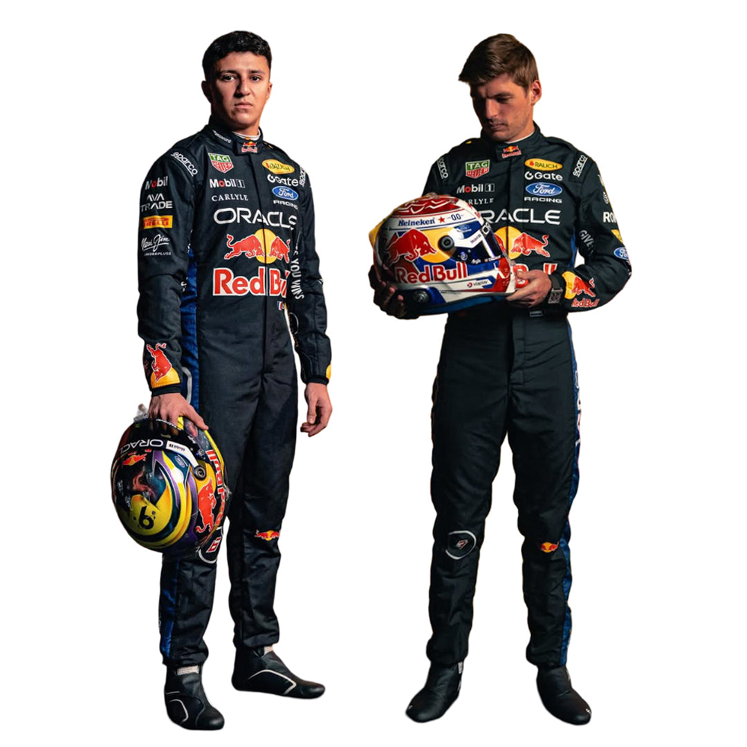 Front view of 2026 F1 racing costume worn by Max Verstappen and Isack Hadjar featuring aggressive contour lines, dynamic stretch zones, and precision sponsor placement in navy and crimson tones in Explicit Pro Main image