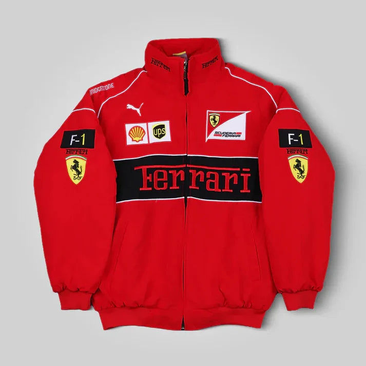 Red Ferrari jacket with various logos on a white background Explicit Pro
