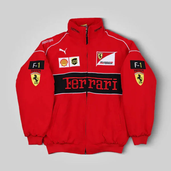 Red Ferrari jacket with various logos on a white background Explicit Pro