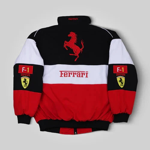 Ferrari F1 Racing jacket in Multi color with various logos on a white background Explicit Pro
